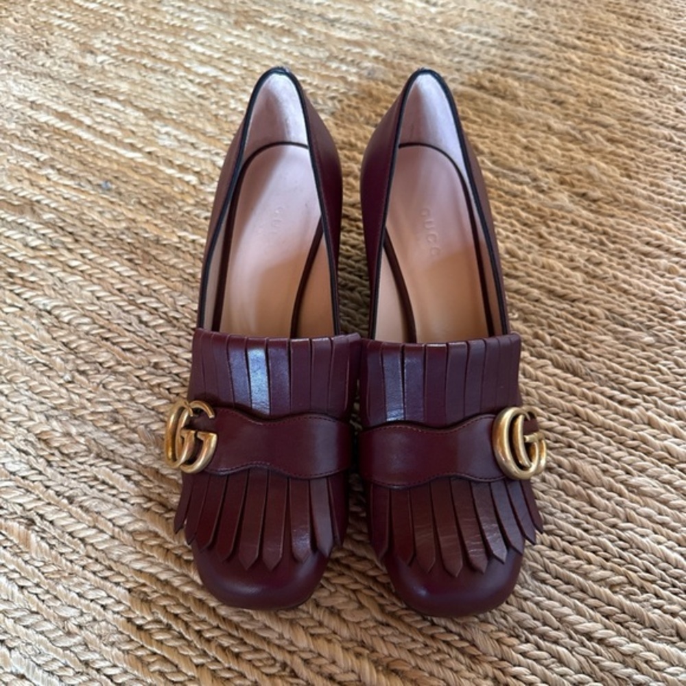 Gucci Women’s Burgundy Leather Fringe Loafers GG Marmont . Brand new with box.